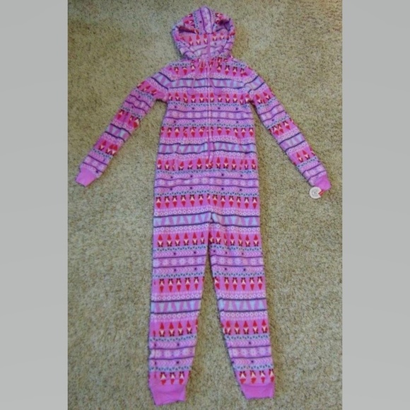 Womens Christmas Pajamas Small Union Suit Gnome Hooded SO 1 Pc Pink Fleece - Picture 2 of 3